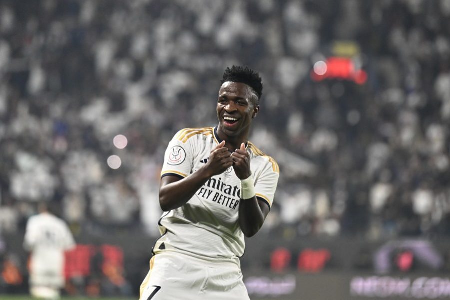 Riyadh (Saudi Arabia), 14/01/2024.- Real Madrid player Vinicius Junior celebrates after scoring during Spanish Super Cup final match between Real Madrid and Barcelona at Al Awal Park in Riyadh, Saudi Arabia, 14 January 2024. (Arabia Saudita) EFE/EPA/STR