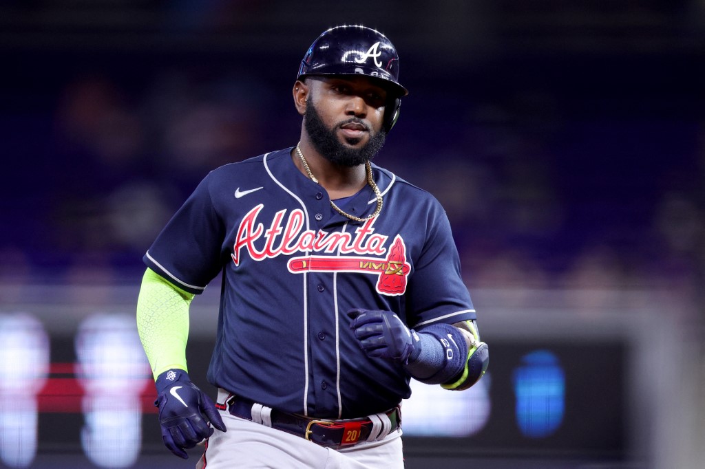 MIAMI, FLORIDA - MAY 03: Marcell Ozuna #20 of the Atlanta Braves rounds the bases after hitting a home run against the Miami Marlins during the third inning at loanDepot park on May 03, 2023 in Miami, Florida.   Megan Briggs/Getty Images/AFP (Photo by Megan Briggs / GETTY IMAGES NORTH AMERICA / Getty Images via AFP)