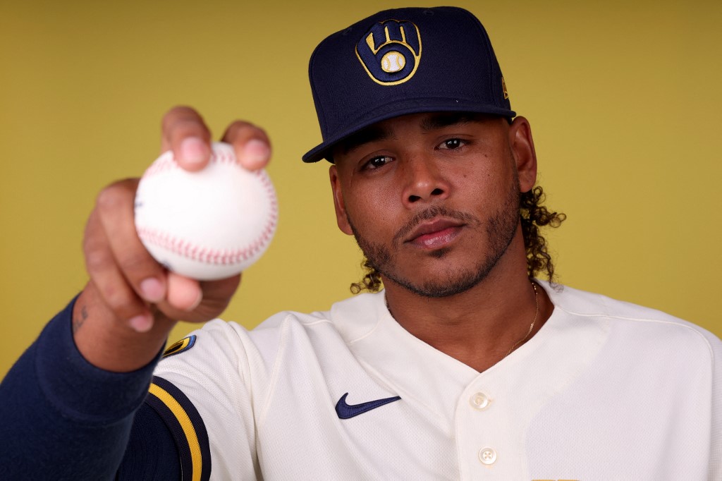 PHOENIX, ARIZONA - FEBRUARY 22: Freddy Peralta #51 of the Milwaukee Brewers poses for a portrait during photo day at American Family Fields of Phoenix on February 22, 2023 in Phoenix, Arizona.   Steph Chambers/Getty Images/AFP (Photo by Steph Chambers / GETTY IMAGES NORTH AMERICA / Getty Images via AFP)